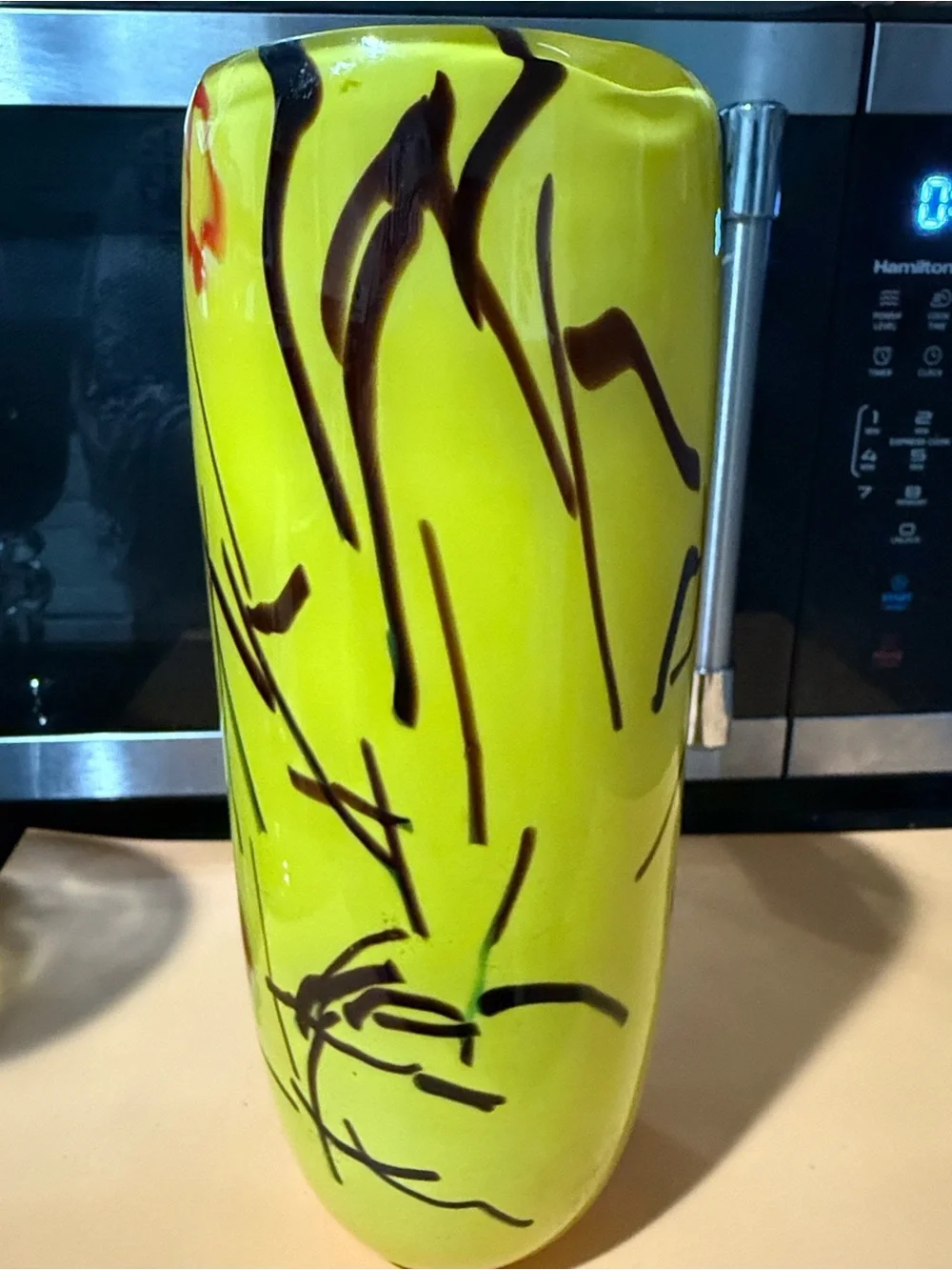 Yellow Abstract Glass Vase. 9”x3”